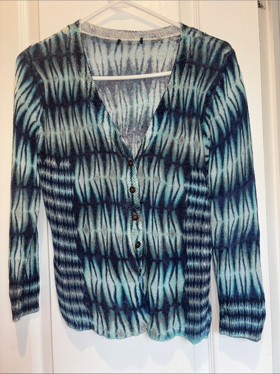Source Unknown Sweaters - BLUE AND GREEN OPEN KNIT BUTTON DOWN SWEATER LINEN AND VISCOSE LIGHT WEIGHT